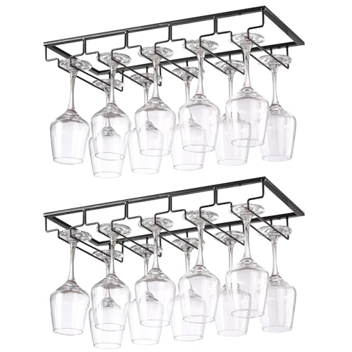 YunNasi 2 Piezas 5 Filas Soportes para Copas de Vino de Metal Organizador Mantener los Vasos Secos Debajo del Gabinete con Tornillos para Bar Restaurante Cocina, Negro