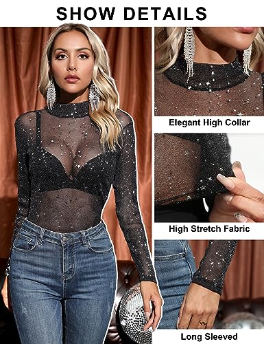 Yuson Girl Camiseta Transparente Mujer Blusa Sexy Manga Larga Mesh Tops Slim Fit Chic Clubwear Casual Top Fiesta Mujer Cuello Redondo Alto Bodycon Elástico Negro Transparente Camisa(Negro-1, M)