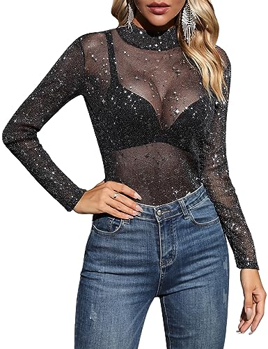 Yuson Girl Camiseta Transparente Mujer Blusa Sexy Manga Larga Mesh Tops Slim Fit Chic Clubwear Casual Top Fiesta Mujer Cuello Redondo Alto Bodycon Elástico Negro Transparente Camisa(Negro-1, M)