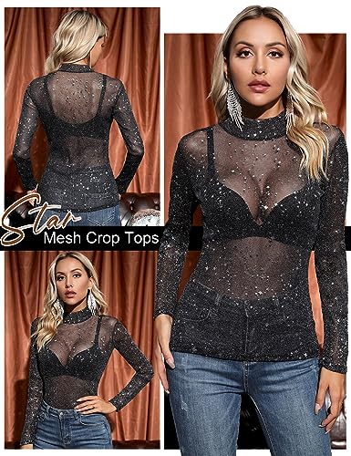 Yuson Girl Camiseta Transparente Mujer Blusa Sexy Manga Larga Mesh Tops Slim Fit Chic Clubwear Casual Top Fiesta Mujer Cuello Redondo Alto Bodycon Elástico Negro Transparente Camisa(Negro-1, M)