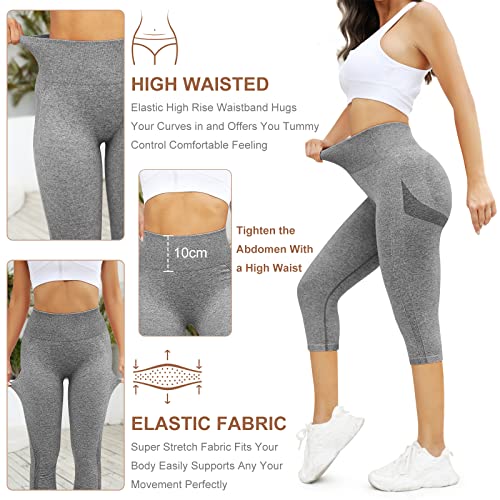 Yuson Girl Mallas Deporte Mujer Leggings Push Up 3/4 Capris Seamless Elásticos Pantalón Deportivas Cintura Alta para Mallaspara Running Training Fitness Estiramiento Yoga y Pilates(Gris, S)