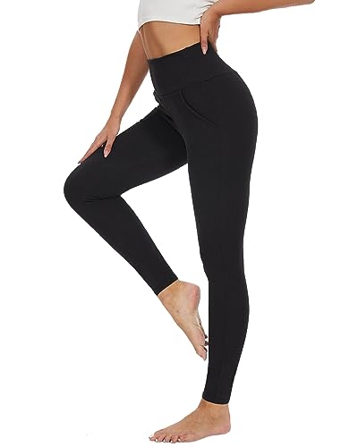 Yutdeng Leggins Deportivos Mujer Leggings Térmicos Forro Polar Mallas Deporte con Bolsillos Cintura Alta Mayas Deportivas Pantalones Termicos Leggins Mujer Push Up Running Yoga Fitness,Negro,M