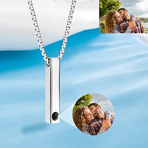 YXWJ Collar De Proyección De Fotos Personalizado Collar De Barra Vertical 3d Con Imagen En El Interior Para Hombres Mujeres Pareja Joyería Amistad Collar Colgante Regalos,Silver