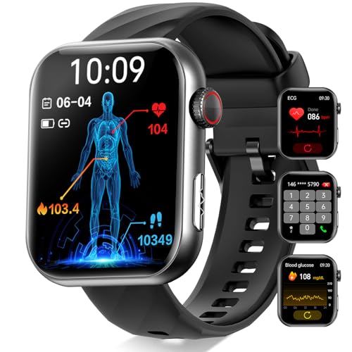 YYKY 1.96" Smartwatch Hombre Mujer [Prueba de ECG] Diabético Reloj de Glucosa en la sangre [Puede llamar] Temperatura/SpO2/Glucemia/Presión arterial/Impermeabil IP68 Watch, para Android iOS