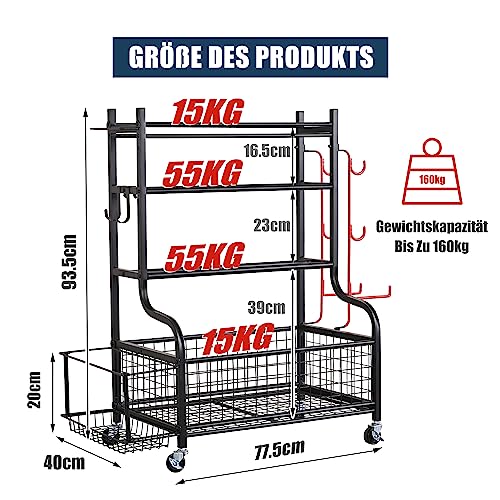 ZACHVO - Soporte para mancuernas de 4 niveles para gimnasio en casa con rueda y 8 ganchos, capacidad de carga de 160 kg, para Dumbbells y pelotas de yoga, bloque, alfombra, correa, rollo