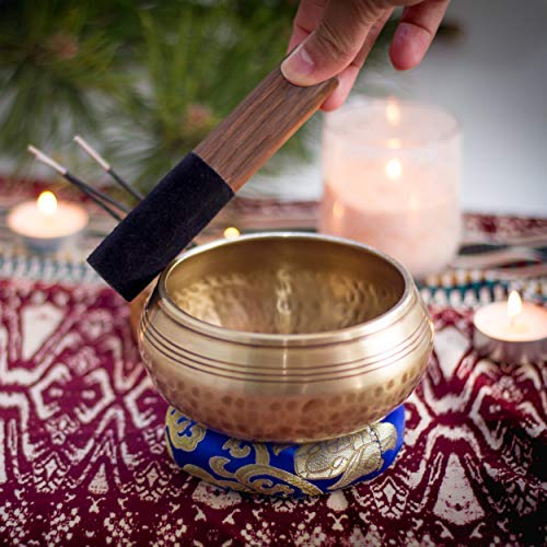 Zenamaste® – Cuenco tibetano de meditación hecho a mano en la ciudad nepalí de Bhaktapur | 450 g – 11,5 cm de diámetro | + Caja en papel nepalí con cojín | + Cuenco | + Mazo de madera