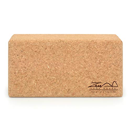 ZenYogaWedge Bloque de corcho para yoga (100% natural, ladrillo único, para principiantes y profesionales, clases de yoga, pilates, ejercicio en casa, fitness, agarre antideslizante, respetuoso con