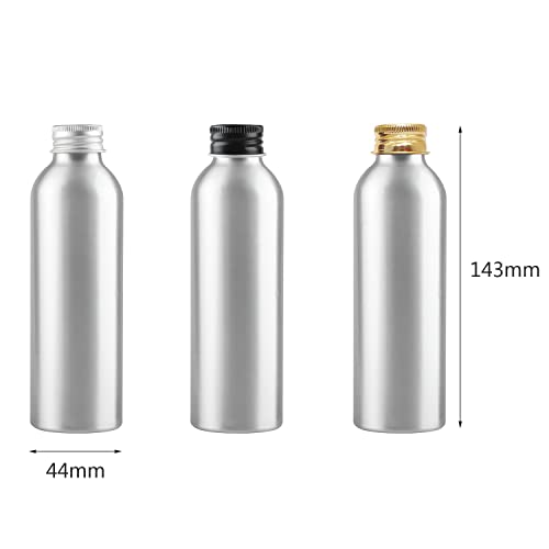 ZEOABSY 8 Piezas Vacías 150 ml Botella de Aluminio Plata con Tapón Rosca de Aluminio Negro Envase Cosmético Metálico para Champú, Loción Gel Aceite Esencial Hoteles Viaje