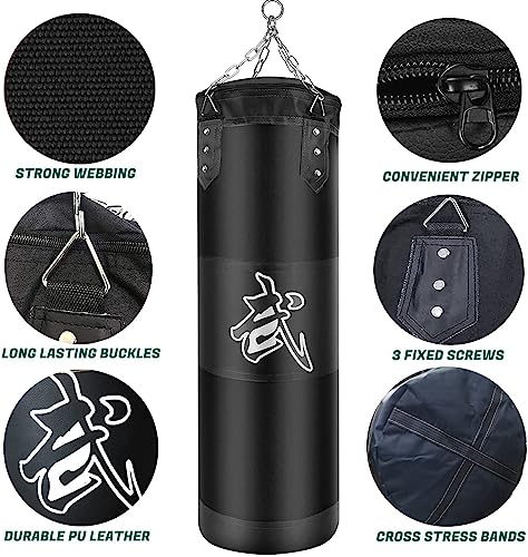 ZERUIDM Saco de Boxeo Set Colgante, Bolsa de Boxeo Sin-Relleno para Adult y niño, Saco de Kick Boxing Bag con Gancho, Cadena, Vendaje, Saco de Boxeo Pesado para MMA Muay Thai Karate Taekwondo