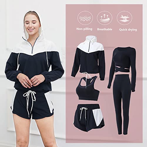 ZETIY Conjunto de Deportivo Mujer 5 Piezas Traje de Yoga Completo Conjuntos Deportivos para Fitness Running Jogging, Ejercicio en el Gimnasio - Negro - L