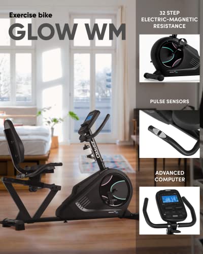 ZIPRO Bicicleta estática para Casa GLOW WM, entrenador eliptico, LCD Pantalla, sensores de pulso, ajuste de resistencia, aplicación iConsole Kinomap, USB, Bluetooth, 150kg, Negro