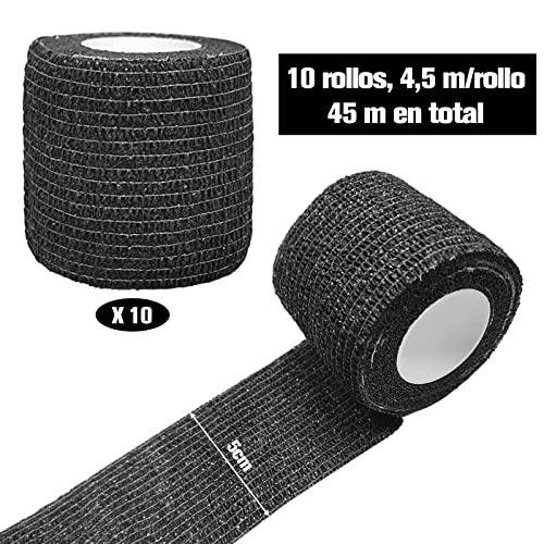 ZOCONE 10 Rollos de Venda Cohesiva, Banda Venda Cinta 5cm x 4.5m Vendas Autoadhesivas Elasticas Venda Cohesiva Dedos Mano Tape Crossfit Esparadrapo Deportivopara Protección Deportiva y Mascotas(Negro)