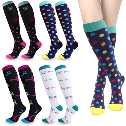 ZOCONE 4 Pares Calcetines Compresion Multicolor 20-30mmHg Calcetines de Compresión Hombre Elástico Calcetines Altos Mujer Calcetines Largos Medias de Compresion Socks para Deportes Enfermera Varices