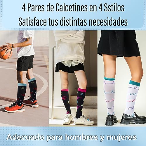 ZOCONE 4 Pares Calcetines Compresion Multicolor 20-30mmHg Calcetines de Compresión Hombre Elástico Calcetines Altos Mujer Calcetines Largos Medias de Compresion Socks para Deportes Enfermera Varices