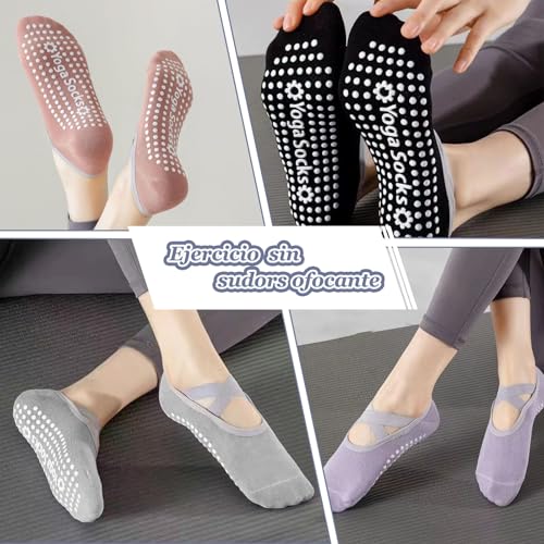 ZOCONE 5 Pares Calcetines Pilates Yoga Mujer Calcetines Antideslizantes Mujer con Correas Calcetines Yoga Multicolores Cortos Calcetines Pilates Tobillero Yoga Socks para Fitness Pilates Yoga Ballet