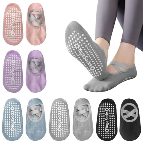 ZOCONE 5 Pares Calcetines Pilates Yoga Mujer Calcetines Antideslizantes Mujer con Correas Calcetines Yoga Multicolores Cortos Calcetines Pilates Tobillero Yoga Socks para Fitness Pilates Yoga Ballet