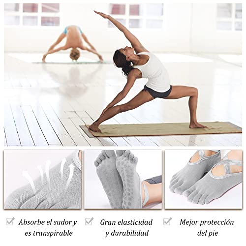 ZOCONE Calcetines Pilates Mujer Antideslizantes, 2 Pares Calcetines Yoga Mujer Antideslizantes con Dedos y Correas Calcetines de Yoga Dedos Separados Yoga Socks para Fitness Pilates Yoga(Negro Gris)