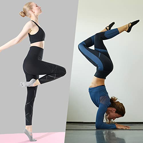 ZOCONE Calcetines Pilates Mujer Antideslizantes, 2 Pares Calcetines Yoga Mujer Antideslizantes con Dedos y Correas Calcetines de Yoga Dedos Separados Yoga Socks para Fitness Pilates Yoga(Negro Gris)