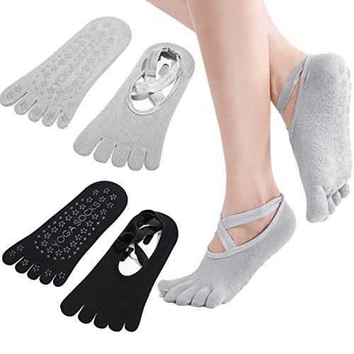 ZOCONE Calcetines Pilates Mujer Antideslizantes, 2 Pares Calcetines Yoga Mujer Antideslizantes con Dedos y Correas Calcetines de Yoga Dedos Separados Yoga Socks para Fitness Pilates Yoga(Negro Gris)