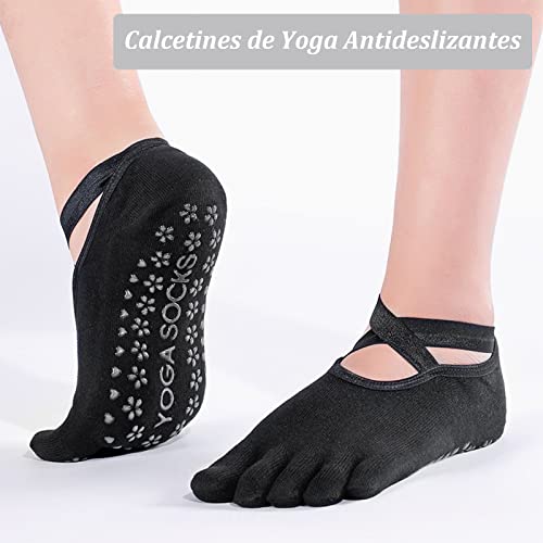 ZOCONE Calcetines Pilates Mujer Antideslizantes, 2 Pares Calcetines Yoga Mujer Antideslizantes con Dedos y Correas Calcetines de Yoga Dedos Separados Yoga Socks para Fitness Pilates Yoga(Negro Gris)