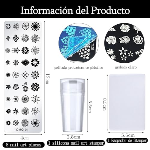 ZOCONE Nail Art Stamping Plates, 10 PCS Placas Estampacion Uñas Nail Stamping Kit Patrón de Flores y Mariposas Plantilla Estampado de Uñas Sello con Raspador Silicona Nail Art Stamper para Nail DIY