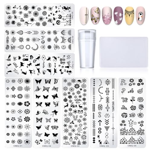 ZOCONE Nail Art Stamping Plates, 10 PCS Placas Estampacion Uñas Nail Stamping Kit Patrón de Flores y Mariposas Plantilla Estampado de Uñas Sello con Raspador Silicona Nail Art Stamper para Nail DIY