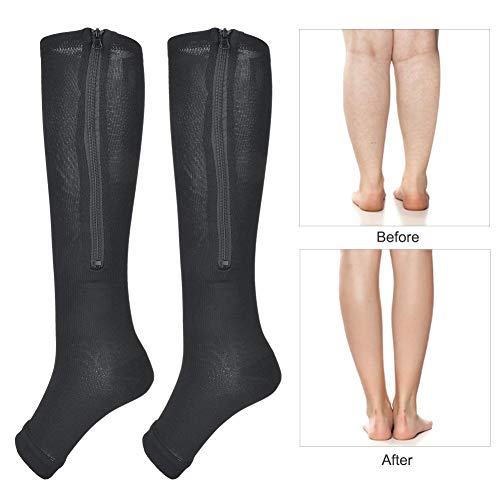 1 Par Medias Compresión, Médicos Con Cremallera Calcetines Hasta Mallas Delgadas Calcetines Elásticos Punta Abierta Soporte Para Rodilla Unisex(L/XL-L / XL negro)