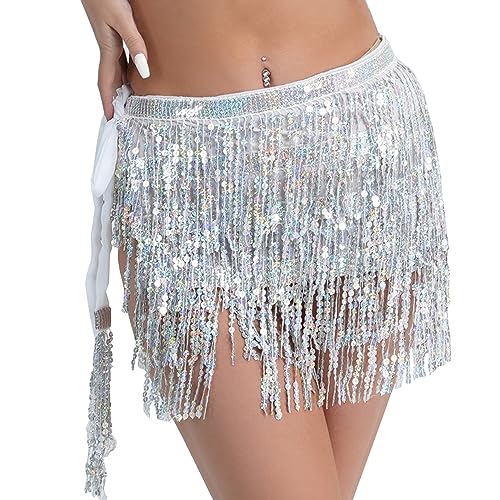 1 vestido con flecos de lentejuelas, falda de lentejuelas para danza del vientre, disfraz de bailarina latina, vestido con falda de flecos Rave, trajes de baile para niñas y salón de baile (plata).