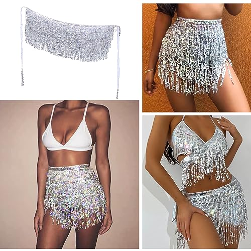 1 vestido con flecos de lentejuelas, falda de lentejuelas para danza del vientre, disfraz de bailarina latina, vestido con falda de flecos Rave, trajes de baile para niñas y salón de baile (plata).