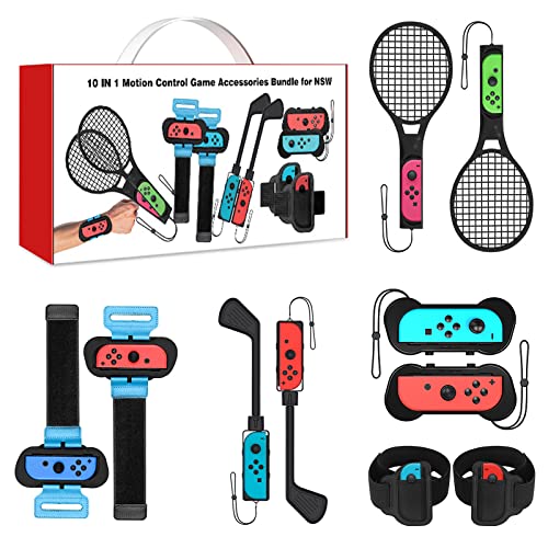 10 en 1 Switch Sport Accesorios de Juego, Kit de Accesorios para Juegos Nintendo Switch: Palo de golf para Mario Golf, Raquetas de Tenis/Bádminton, Correas para Piernas de Fútbol, Muñequeras de Baile