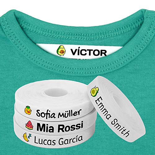 100 Etiquetas personalizadas con nombre e icono de color para marcar la ropa. Tela blanca termoadhesiva para planchar en camisetas, pantalones, abrigos y todo tipo de prendas. (Frutas)