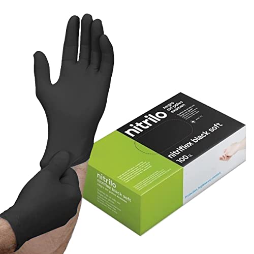 100 Guantes Nitrilo Desechables Talla M, Guantes Nitrilo Negro, Guantes Sin Polvo, Guantes Negros (LATEX FREE) Certificados CE conforme a la norma EN455 guantes de alimentos (Talla M, Negro)