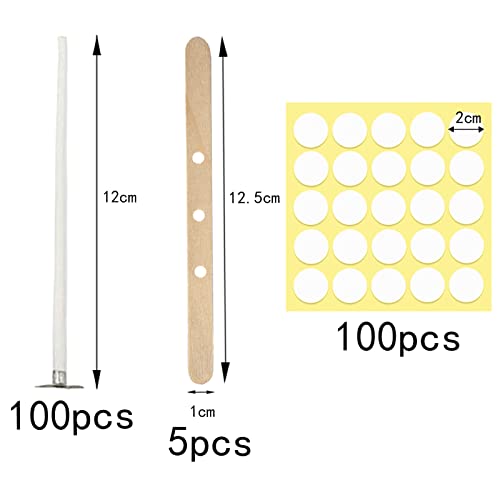 100 mechas de Vela de algodón, 12cm, para Hacer Velas DIY con 5 Soportes para mechas de Madera y 100 Pegatinas de Mecha