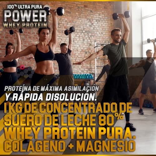 100% Power Whey Protein | 43 gr de Proteina Pura por toma + Colágeno + Magnesio | Aumenta el crecimiento muscular | Entrenamientos intensos | Máxima asimilación | Protege las fibras musculares | 1 kg