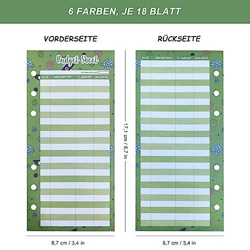 108 Piezas Hojas de Presupuesto, Color Hojas de Presupuesto de Gastos, Hojas de Presupuesto A6, para Oficina Hogar Escuela