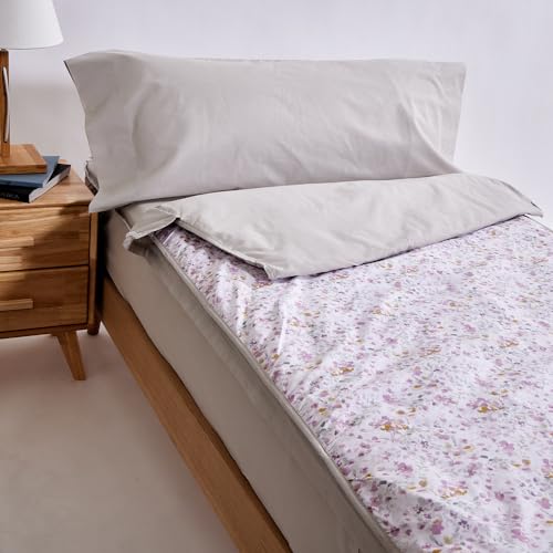 10XDIEZ Saco Nórdico Ajustable Cama Individual (Funda + Relleno) - (Beige Flowers - Cama 105cm)