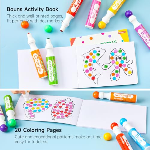 12 Colores Dot Marcadores,Shuttle Art Lavables Bingo Daubers para Niños Preschool Art Craft Supply con 10 Modelos de Doble Papel Adhesivo 1 Delantal 1 Manga