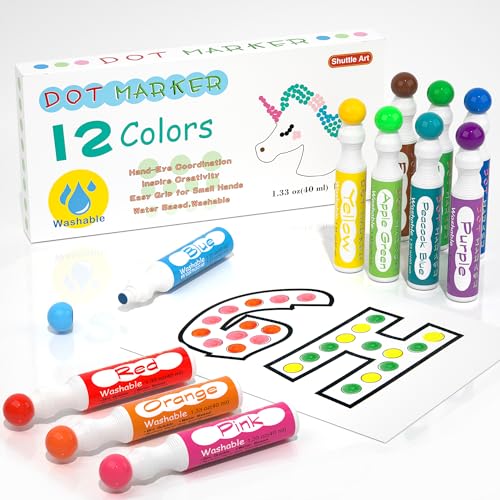 12 Colores Dot Marcadores,Shuttle Art Lavables Bingo Daubers para Niños Preschool Art Craft Supply con 10 Modelos de Doble Papel Adhesivo 1 Delantal 1 Manga