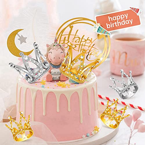 12 PCS Mini Crown Cake Topper, Gold & Plata Rhinestone Crown Cake Topper Decoraciones para Baby Shower Fiesta de CumpleañOs