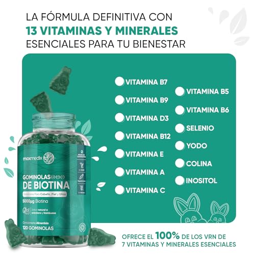 120 Gominolas de Biotina 5000 mcg, Vegetarianas - Multivitaminas y Minerales con Vitamina C, D, B12, E, A, Selenio, Yodo y Ácido Fólico, para el Cabello, Piel y Uñas