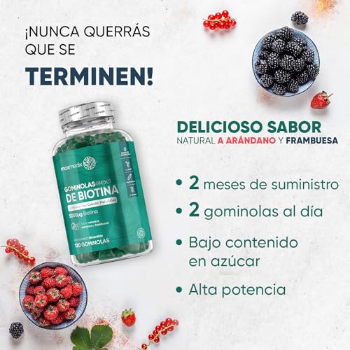 120 Gominolas de Biotina 5000 mcg, Vegetarianas - Multivitaminas y Minerales con Vitamina C, D, B12, E, A, Selenio, Yodo y Ácido Fólico, para el Cabello, Piel y Uñas