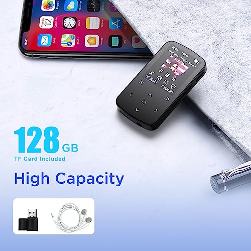 128GB Reproductor MP3, ZOOAOXO MP3 Bluetooth 5.2, Diseño de Clip para Deportes, Audio de Alta Fidelidad, Radio FM, Podómetro, Incluye Lector de Tarjetas y Auriculares