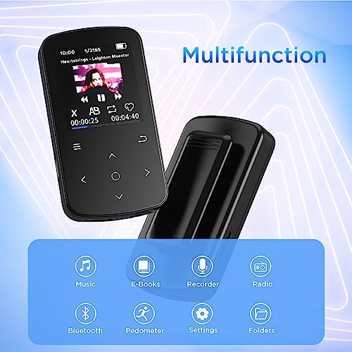 128GB Reproductor MP3, ZOOAOXO MP3 Bluetooth 5.2, Diseño de Clip para Deportes, Audio de Alta Fidelidad, Radio FM, Podómetro, Incluye Lector de Tarjetas y Auriculares