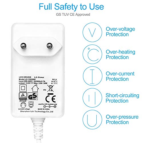 12V 2A Fuente de Alimentación para Tiras de LED, Transformador AC 200-240V a DC 12V Adaptador de Controlador de 24W con Cable de 5ft/1,5m, EU Cargador, Conector de 5,5 x 2,1mm, Aprobación GS TUV CE