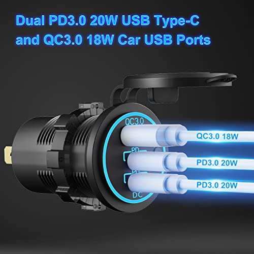 12V Salida USB Cargador USB Multi Puerto, Doble PD3.0 USB-C y QC3.0 Coche Puerto USB Socket con Interruptor de Encendido, Cargador rápido para iPhone iPad Teléfonos Android, Adecuado para Coche Barco