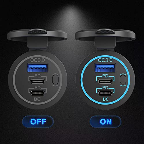 12V Salida USB Cargador USB Multi Puerto, Doble PD3.0 USB-C y QC3.0 Coche Puerto USB Socket con Interruptor de Encendido, Cargador rápido para iPhone iPad Teléfonos Android, Adecuado para Coche Barco