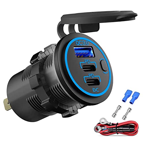 12V Salida USB Cargador USB Multi Puerto, Doble PD3.0 USB-C y QC3.0 Coche Puerto USB Socket con Interruptor de Encendido, Cargador rápido para iPhone iPad Teléfonos Android, Adecuado para Coche Barco