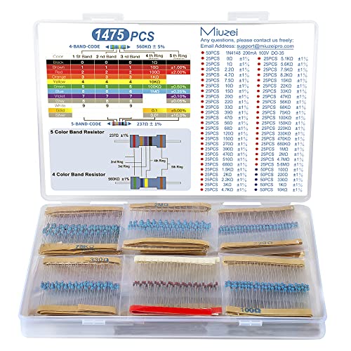 1475 Piezas Surtido de Resistencias Electronica (52 Valores) Resistencia Kit 1/4W ± 1% alta precisión 0 Ohm a 5.6M ohm adecuado para proyectos de electrónica