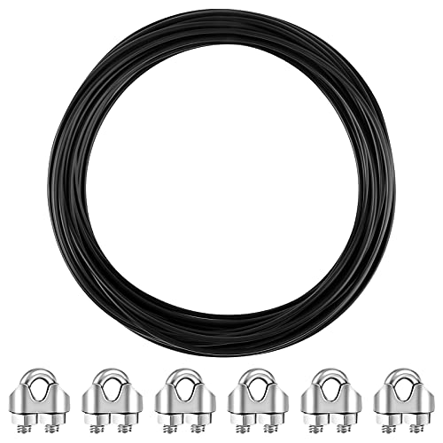 15M Cuerda de Alambre de Acero Inoxidable, Cuerda de Acero de 3 mm con 6 Piezas, Abrazadera de Cable de Alambre M3, Tendedero de Cable de Acero Revestido de Plástico para Ropa (Negro)