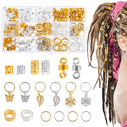 180 piezas Dreadlocks joyas anillos, ajustables de metal, perlas para el pelo, accesorios para el cabello vikingos, accesorios con caja de para trenzas, decoración de cabello (doradas y plate)